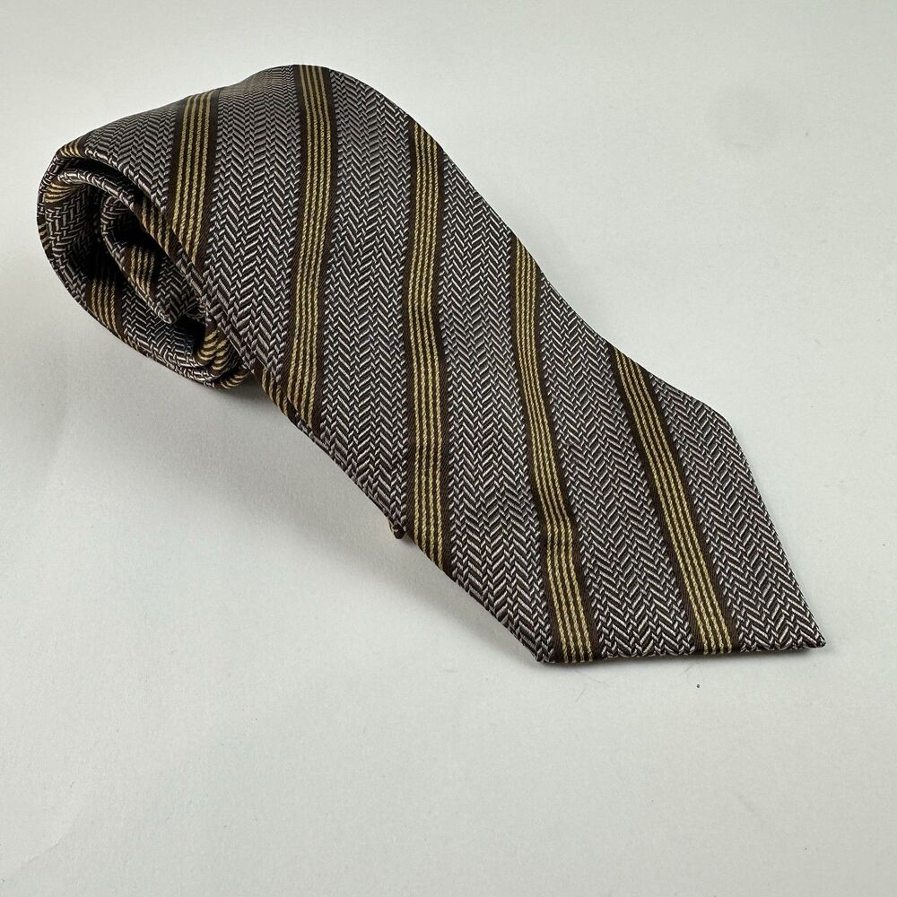 Dormeuil Italian Silk Tie Brown Gold Stripe 3.75"x60" Handmade Jacquard